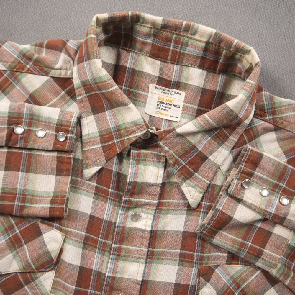 Vintage 70s Big Mac Plaid Pearl Snap Western Men Shirt L Lightweight Retro Rodeo